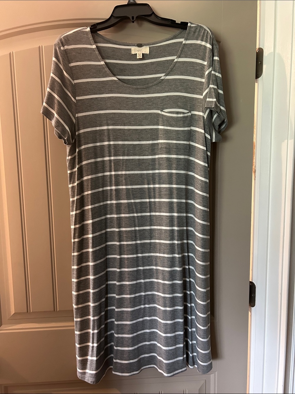 Cupio Gray and White Striped Scoop Neck Tee Dress
